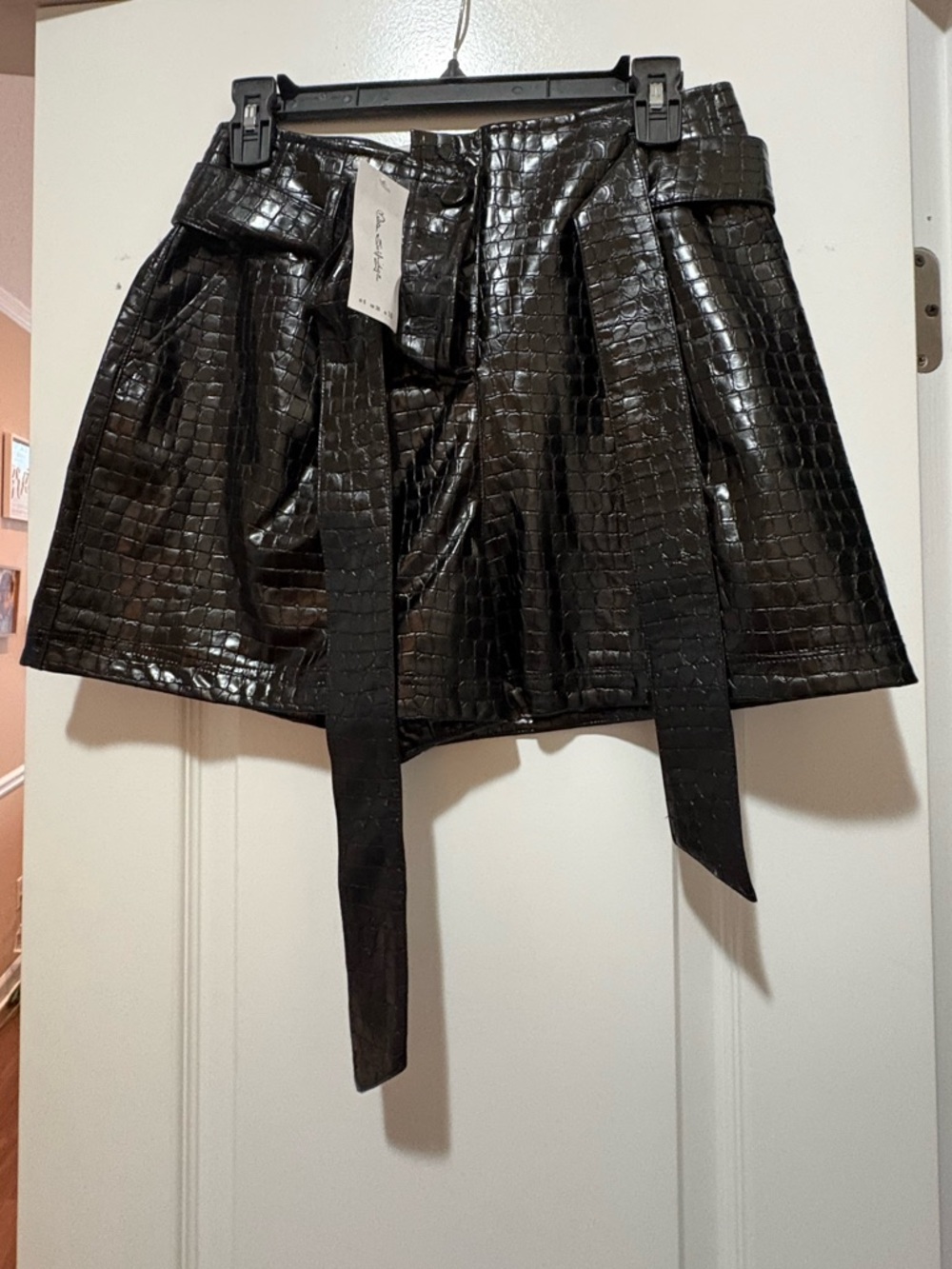 ASOS Black Croc-Embossed Faux Leather Mini Skirt with Tie Waist